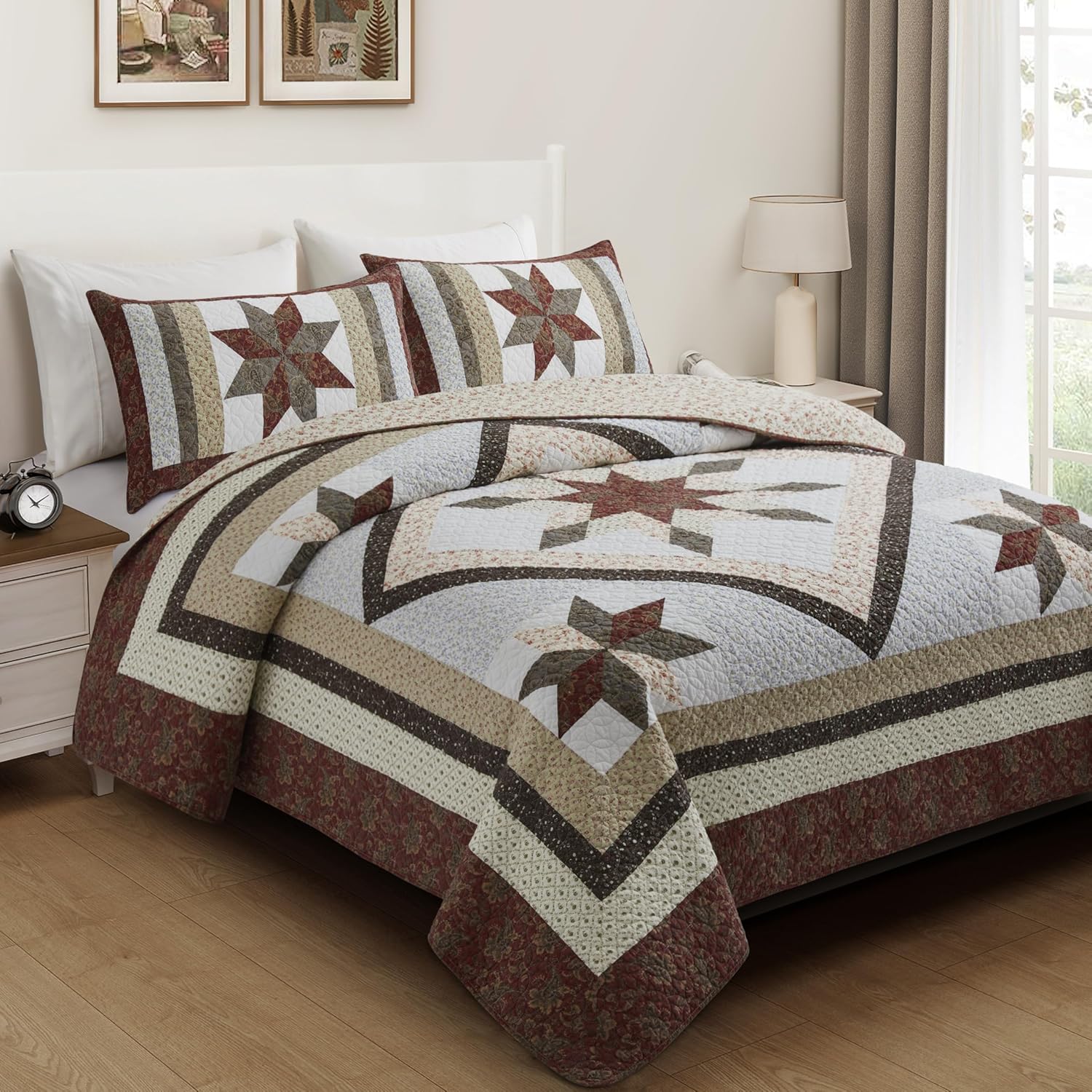 California King Quilt Set - Reversible Cotton Star Quilted Bedding with Pillow Shams
