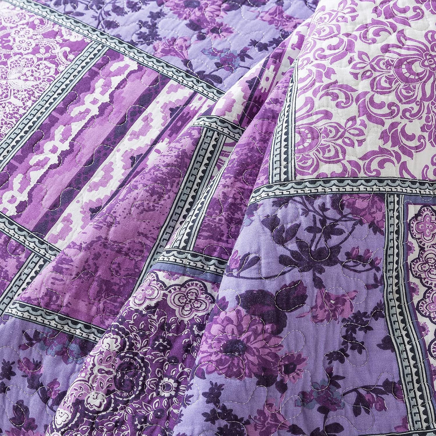 NEWLAKE Reversible Patchwork Quilt Set Purple Bohemian King Size