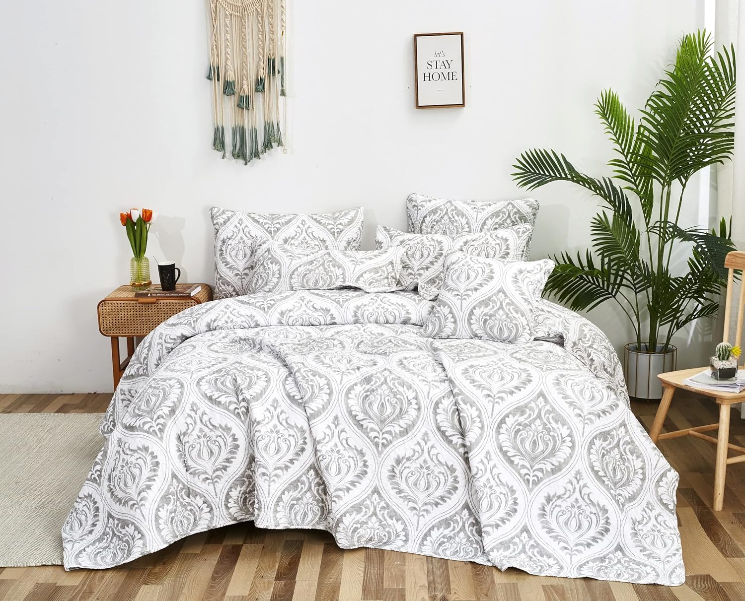 Tache Gray White Ogee Damask Quilt Set - 3 Piece California King