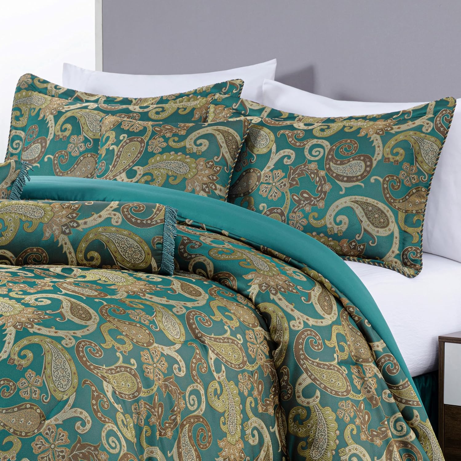 Chezmoi Adelle 7-Piece Paisley Comforter Set California King Teal 1