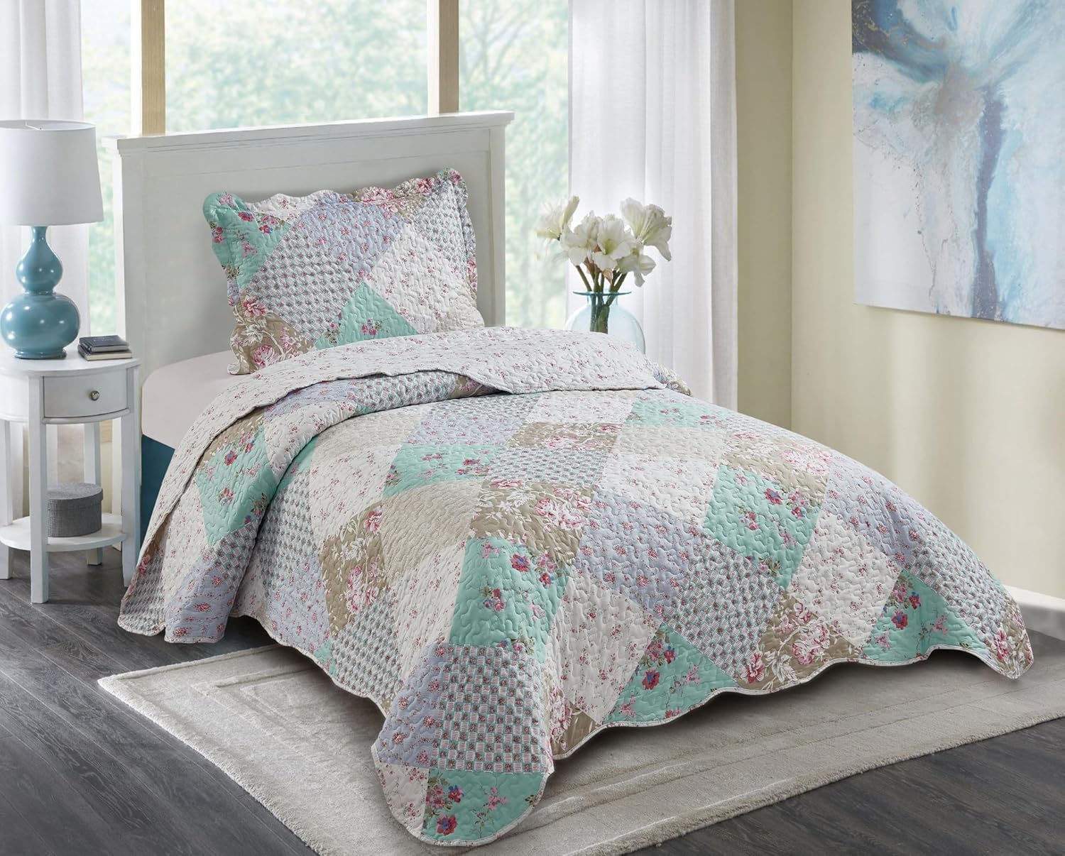 Brilliant Sunshine Blue Green Rose Quilt Set Twin