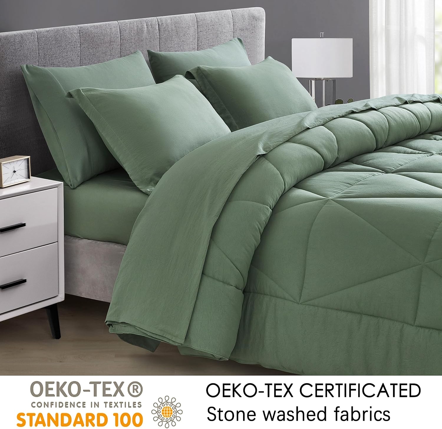 Chezmoi Jasper Sage Green Comforter Set 7-Piece