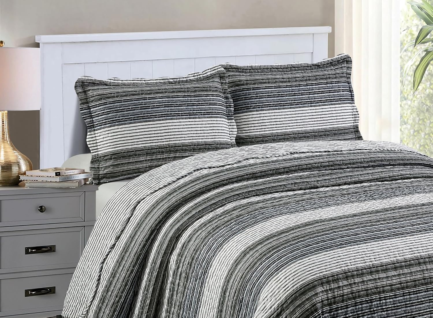 Brilliant Sunshine Multi Grey Striped Quilt Set