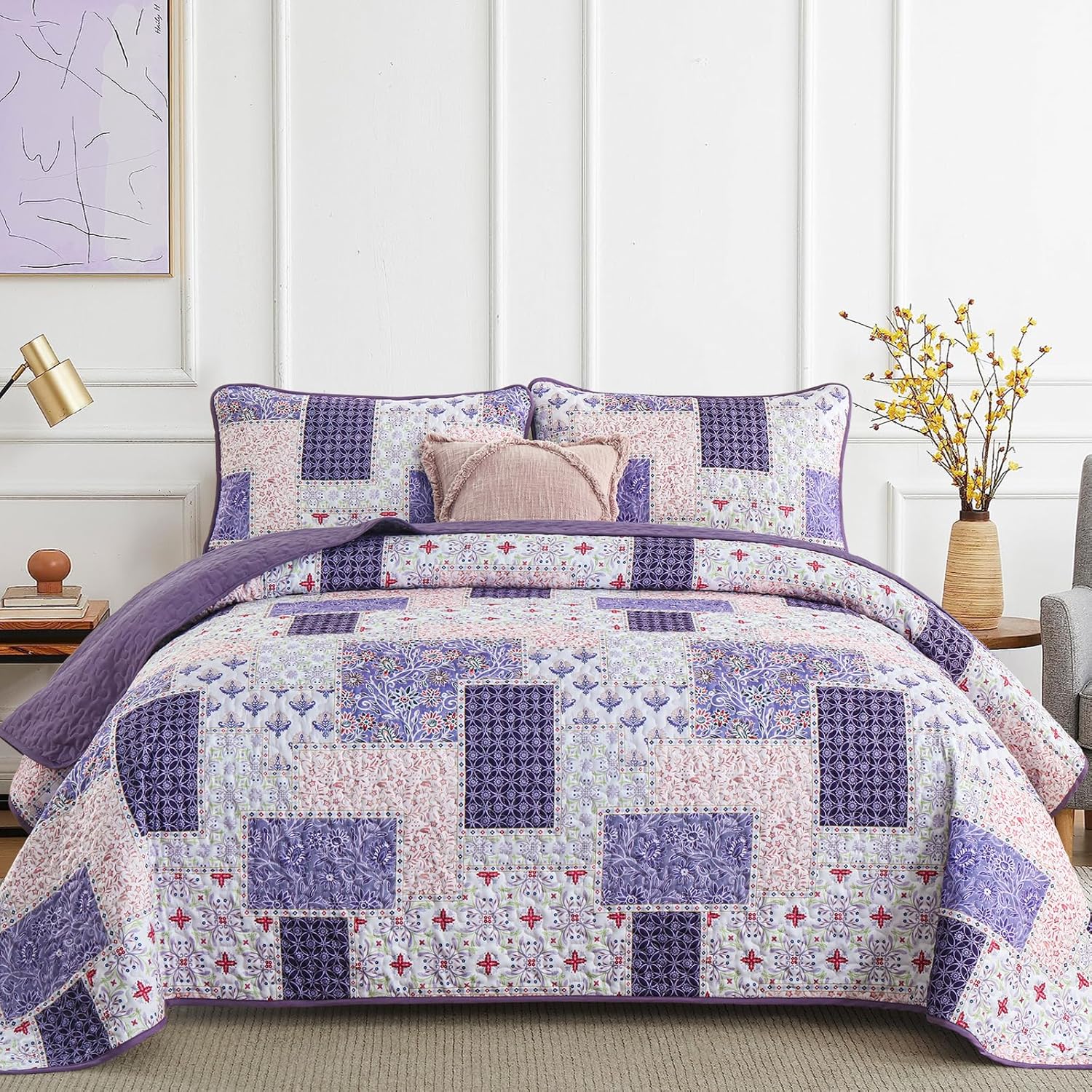 Xruibed Plaid Patchwork Quilt Set Queen Size 3 Pieces