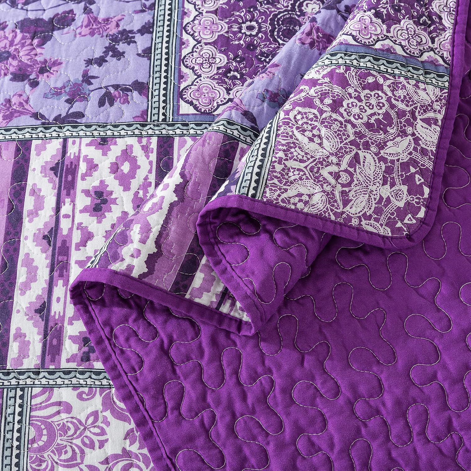 NEWLAKE Reversible Patchwork Quilt Set Purple Bohemian King Size