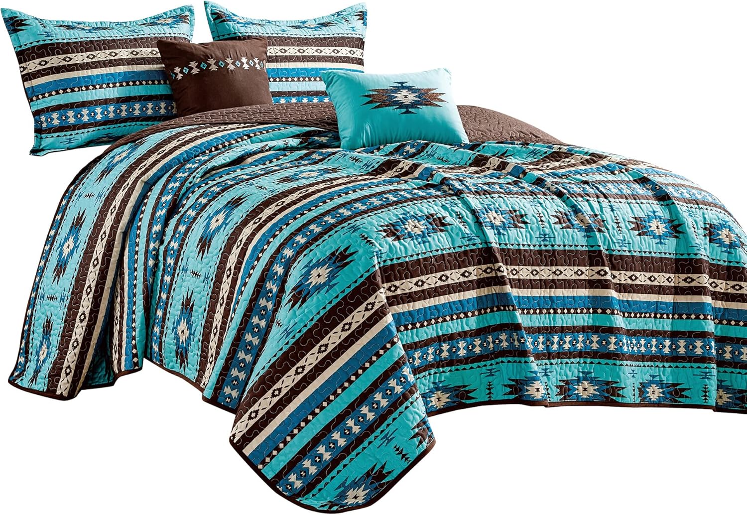 Linen Mart Southwestern Turquoise Turquoise Tan Aztec Coverlet - 5 Piece Set Queen