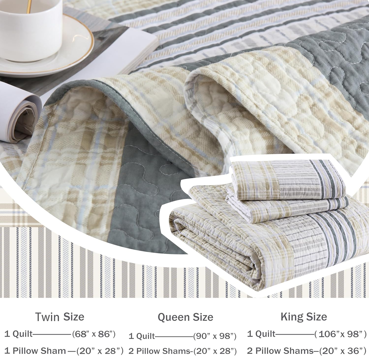 Homzard Cotton King Size Quilt Set - Beige Grey Plaid 3 Piece