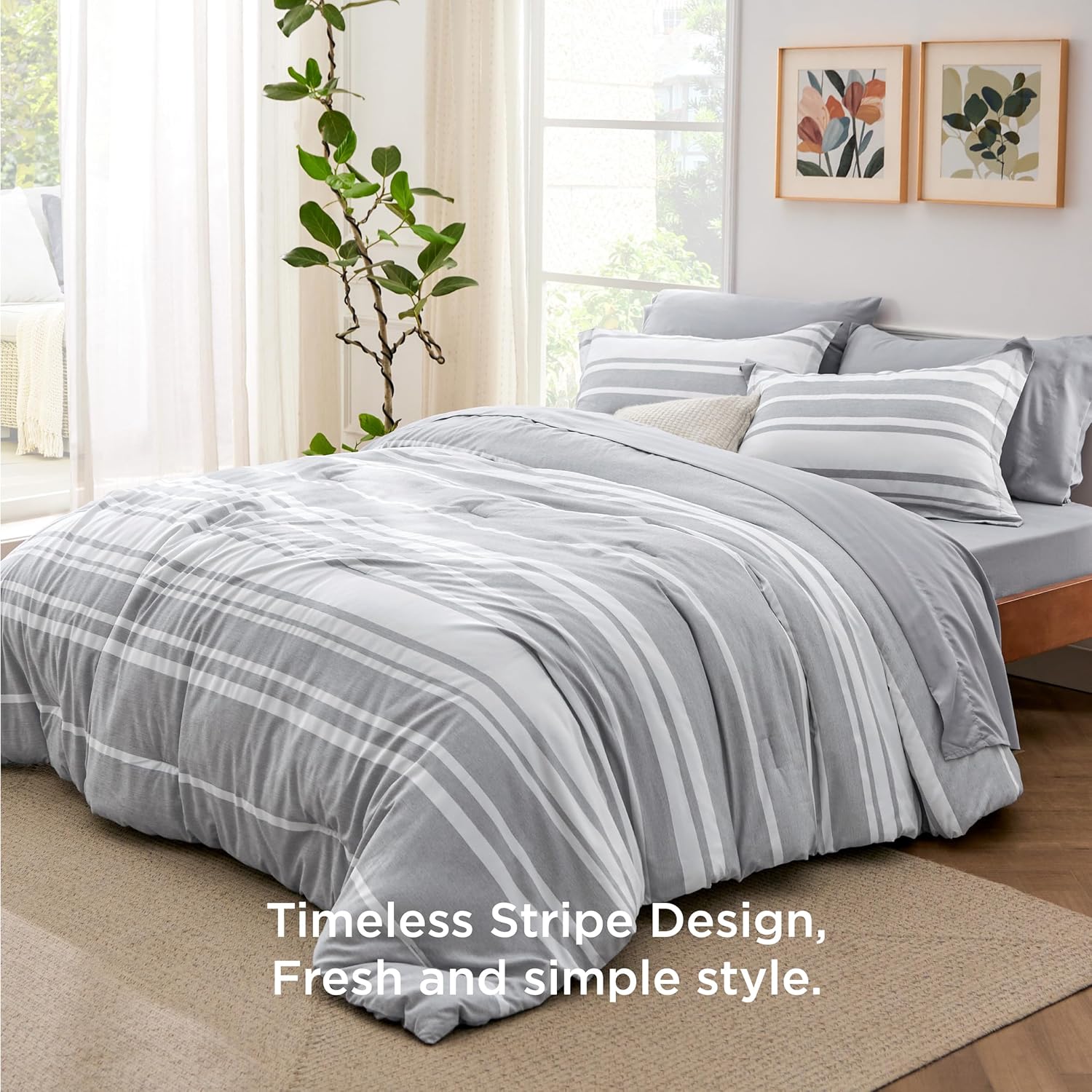 Bedsure California King Comforter Set 7 Piece Grey Striped