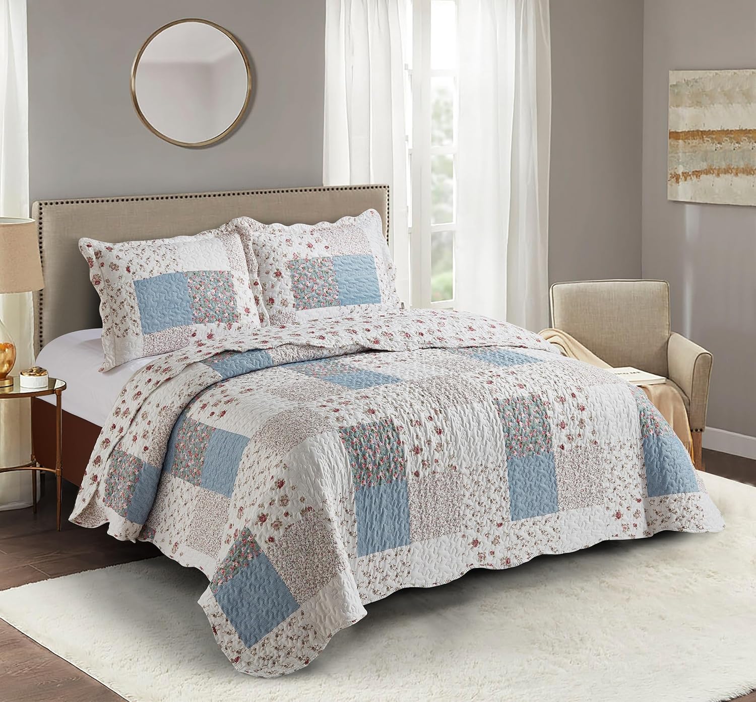 Brilliant Sunshine Pink Blue Patchwork Quilt Set