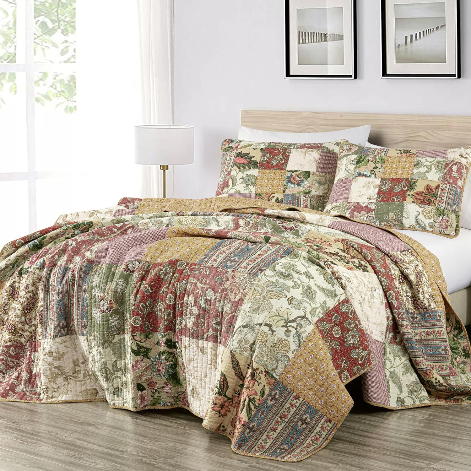 Chezmoi Delaney 3-Piece Floral Patchwork Quilt Set Queen