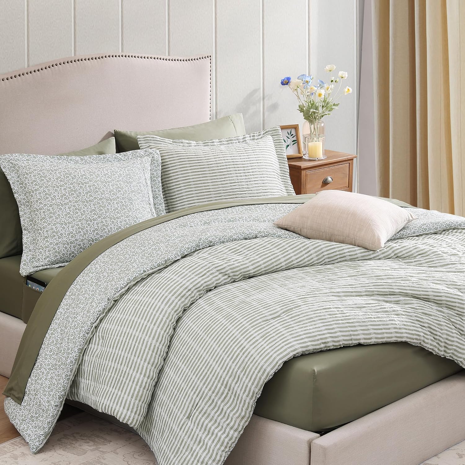BLOOMHAVEN Full Comforter Set 7 Pieces Green Gauze Muslin Bedding