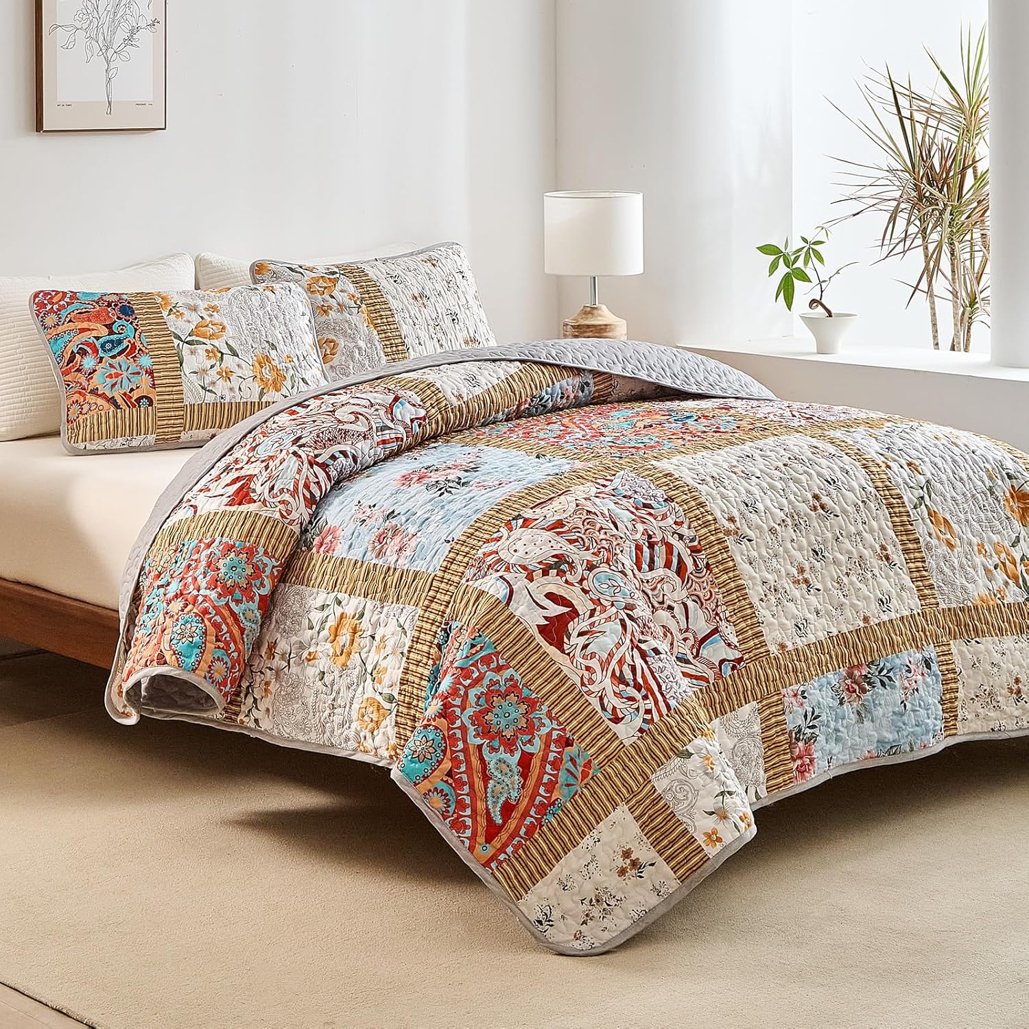 AIKASY Red Plaid Quilt Set - Queen Size All-Season Bedding