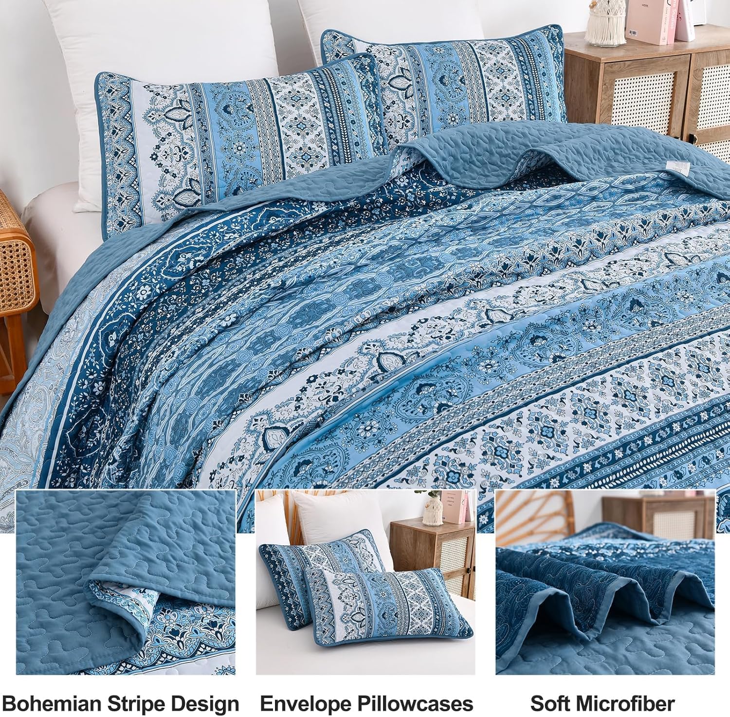 WONGS BEDDING Boho Striped Quilt Set Full Size 3 Pieces