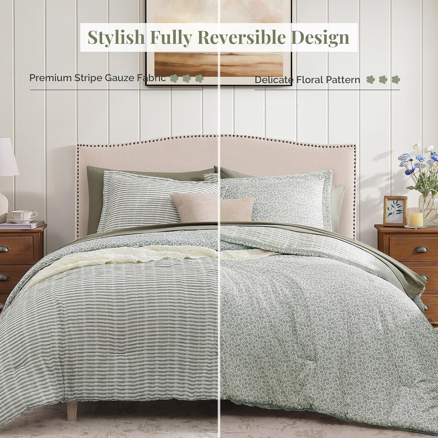 BLOOMHAVEN Full Comforter Set 7 Pieces Green Gauze Muslin Bedding