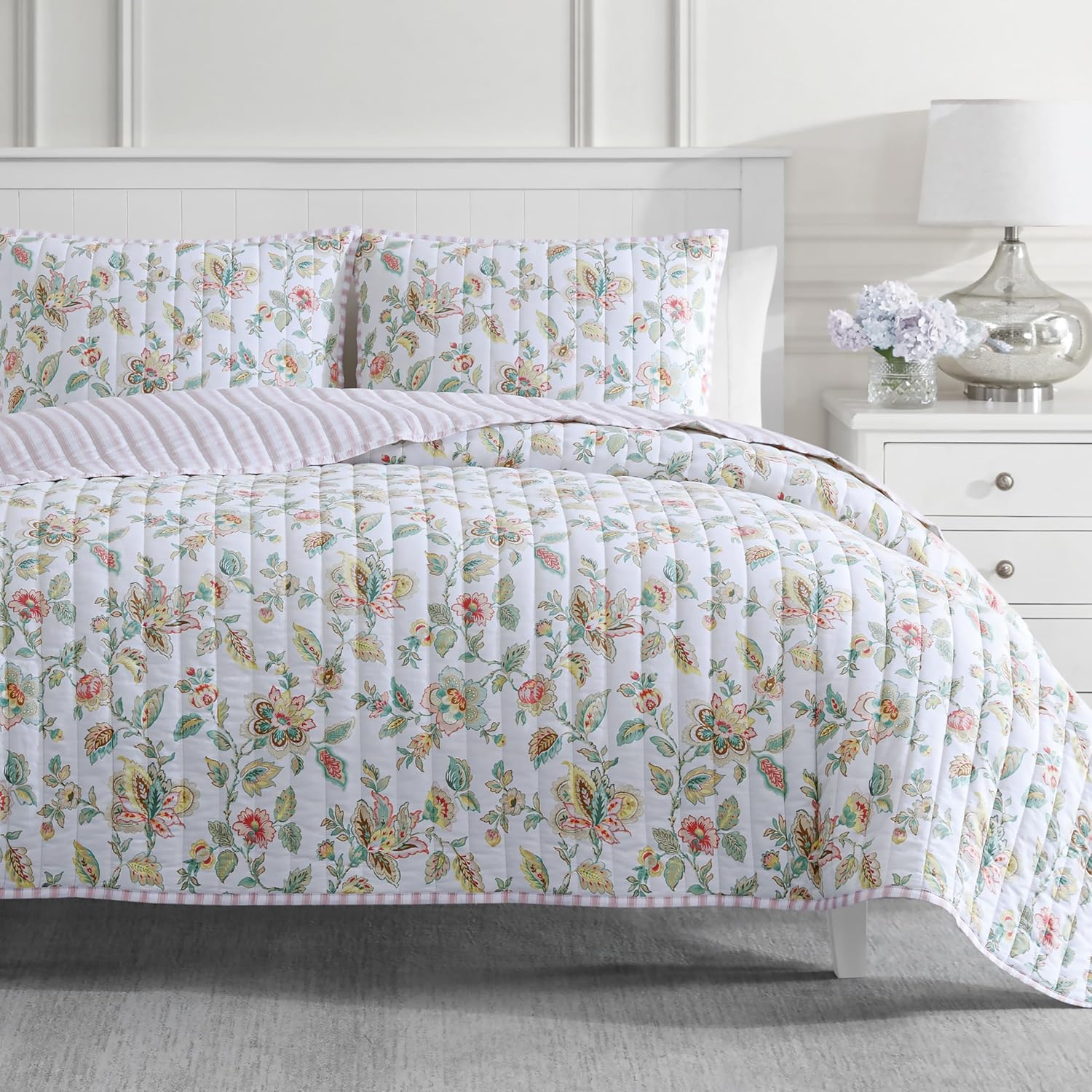 Martha Stewart Reversible Cotton Quilt Set Light PinkGreen King Size
