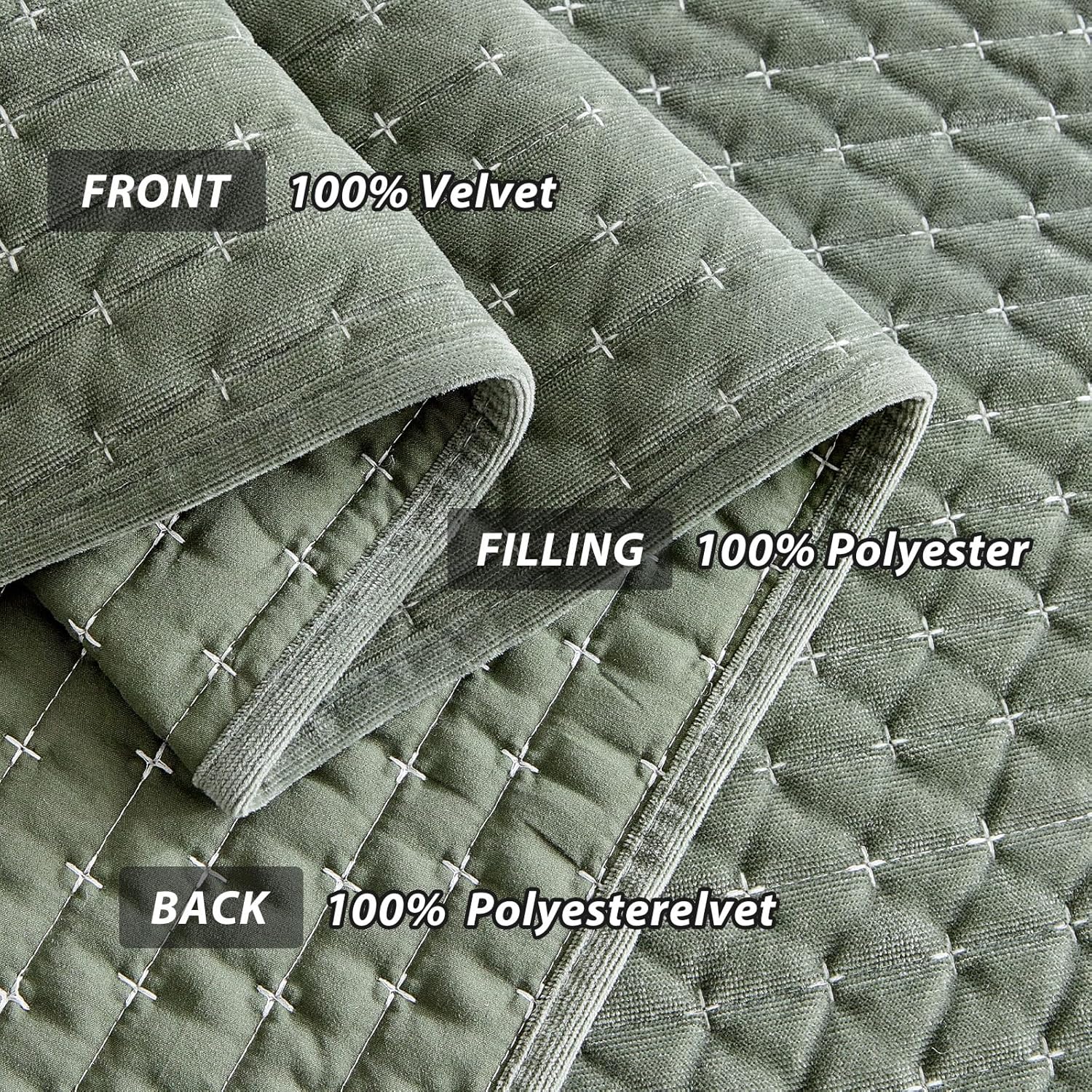 WARMDERN Velvet Quilt Set King Size Green 106 x 96