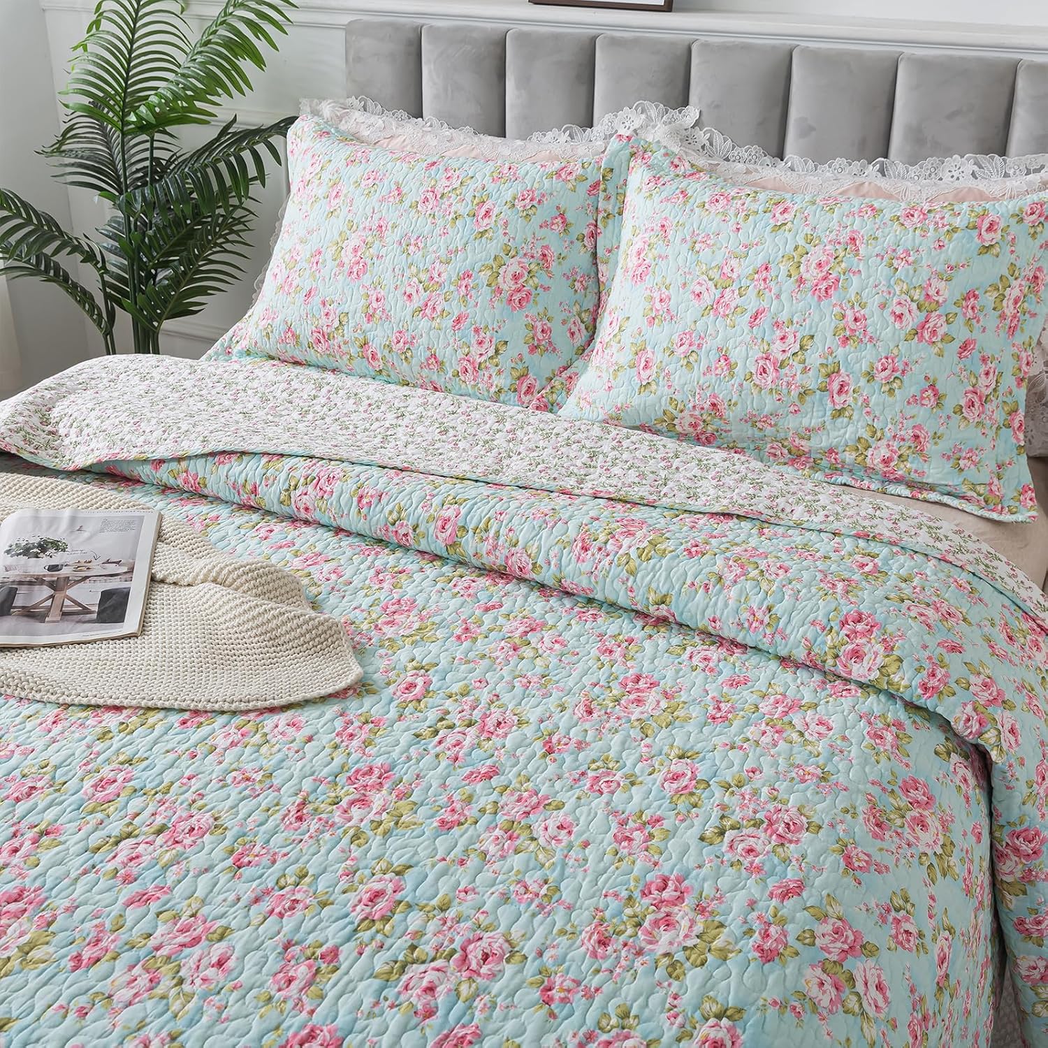 Brandream 3-Piece Shabby Chic Floral Quilt Set