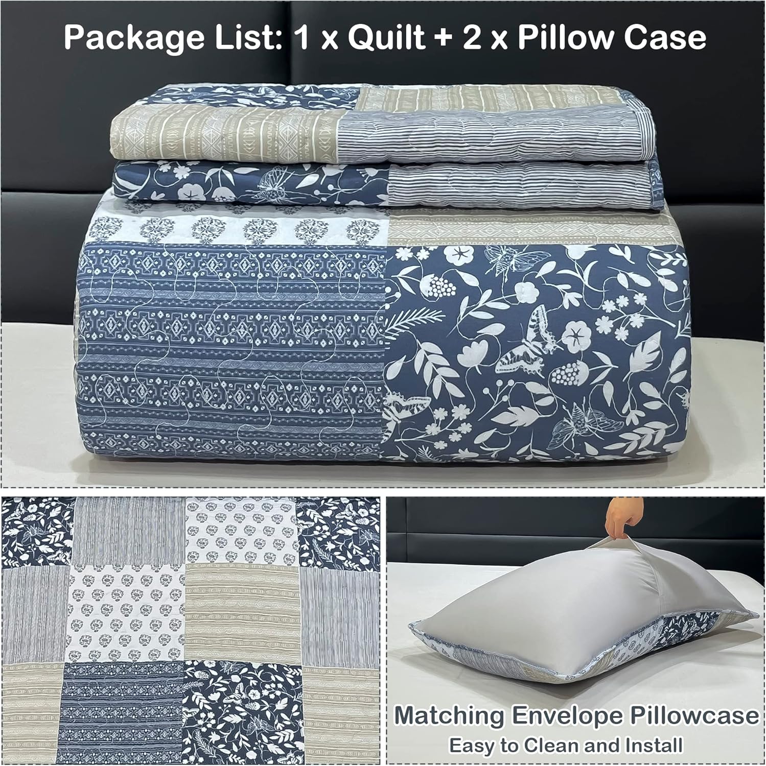 VIVILINEN Queen Size Reversible Quilt Set