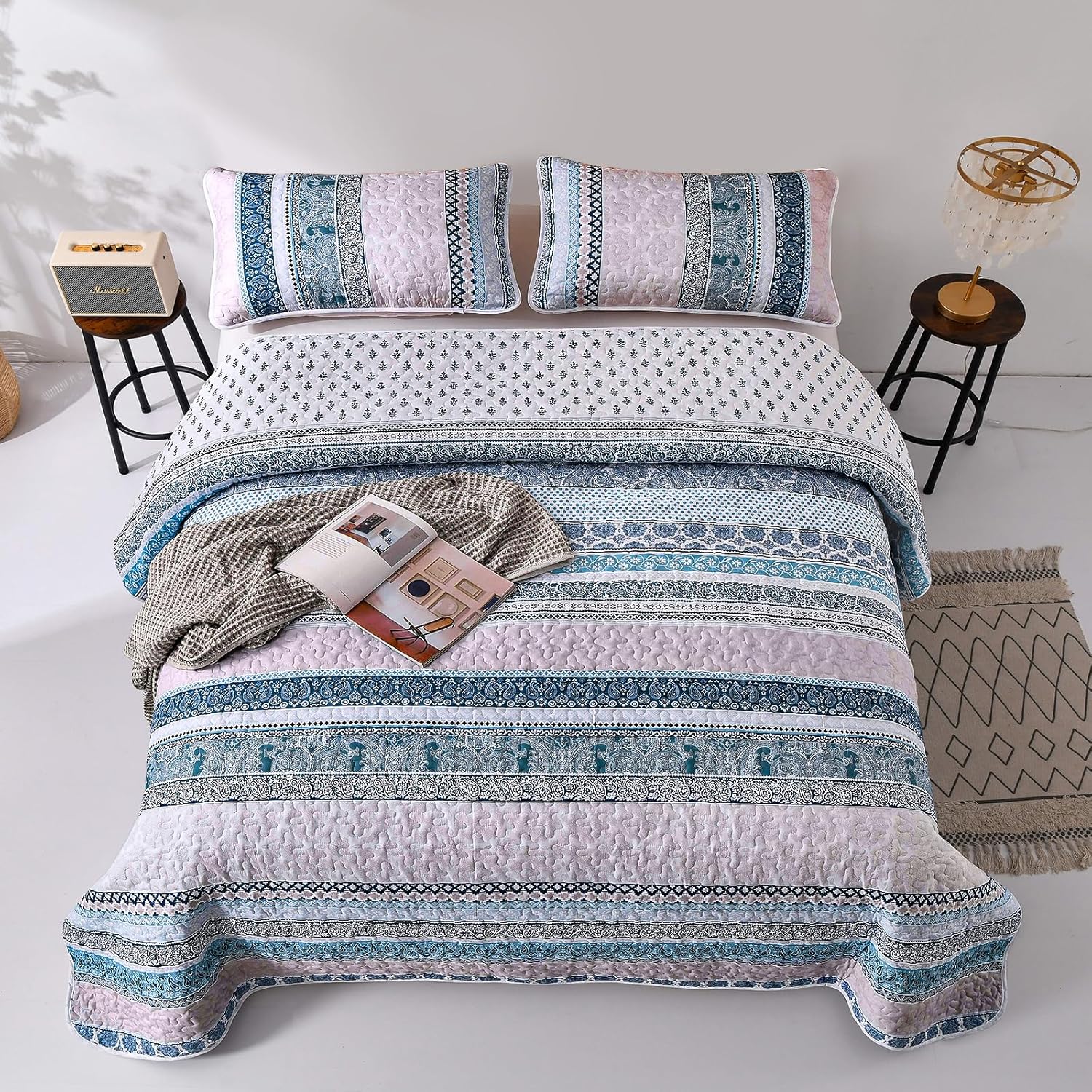 WONGS BEDDING Blue Boho Quilt Set California King