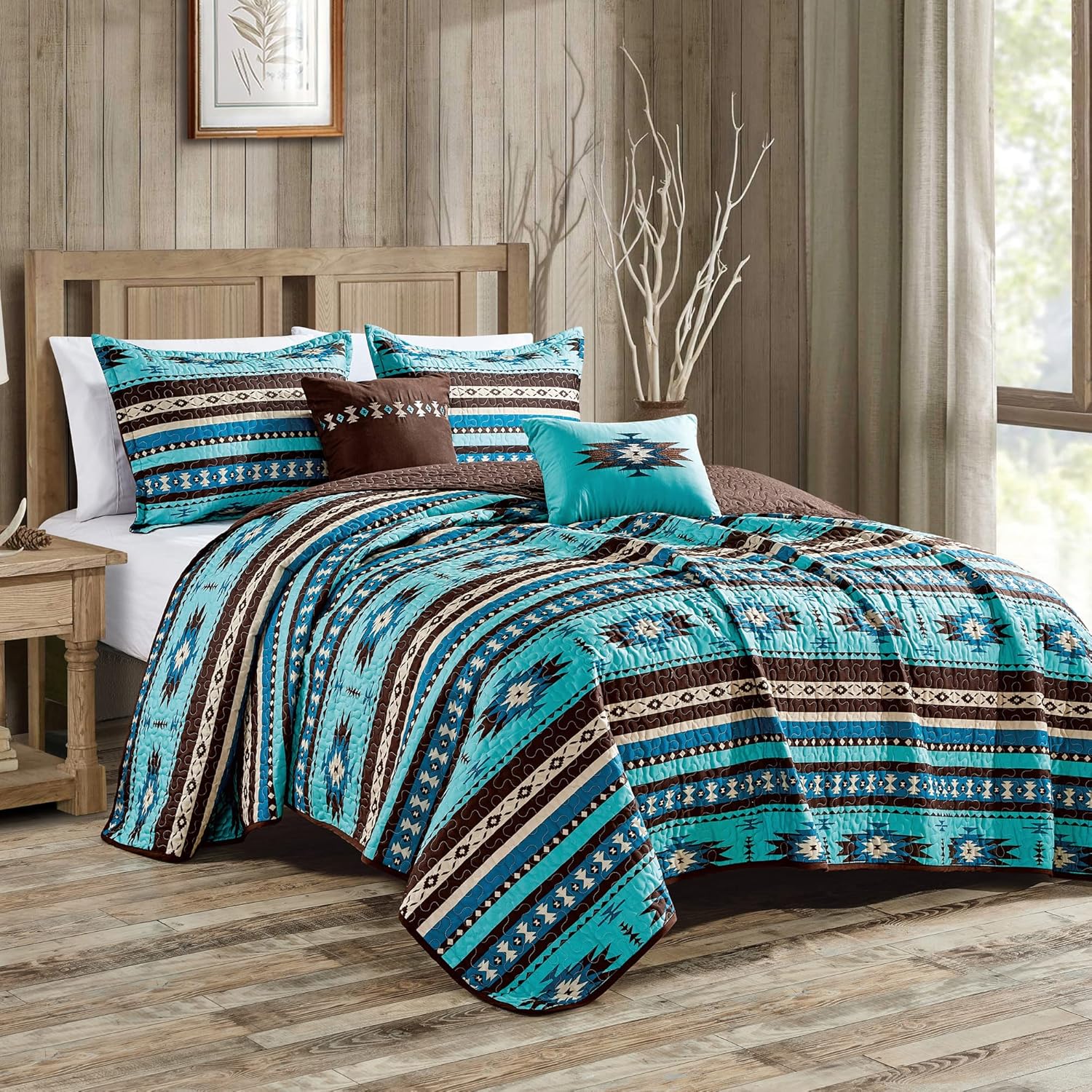 Linen Mart Southwestern Turquoise Tan Aztec Coverlet - 5 Piece Set