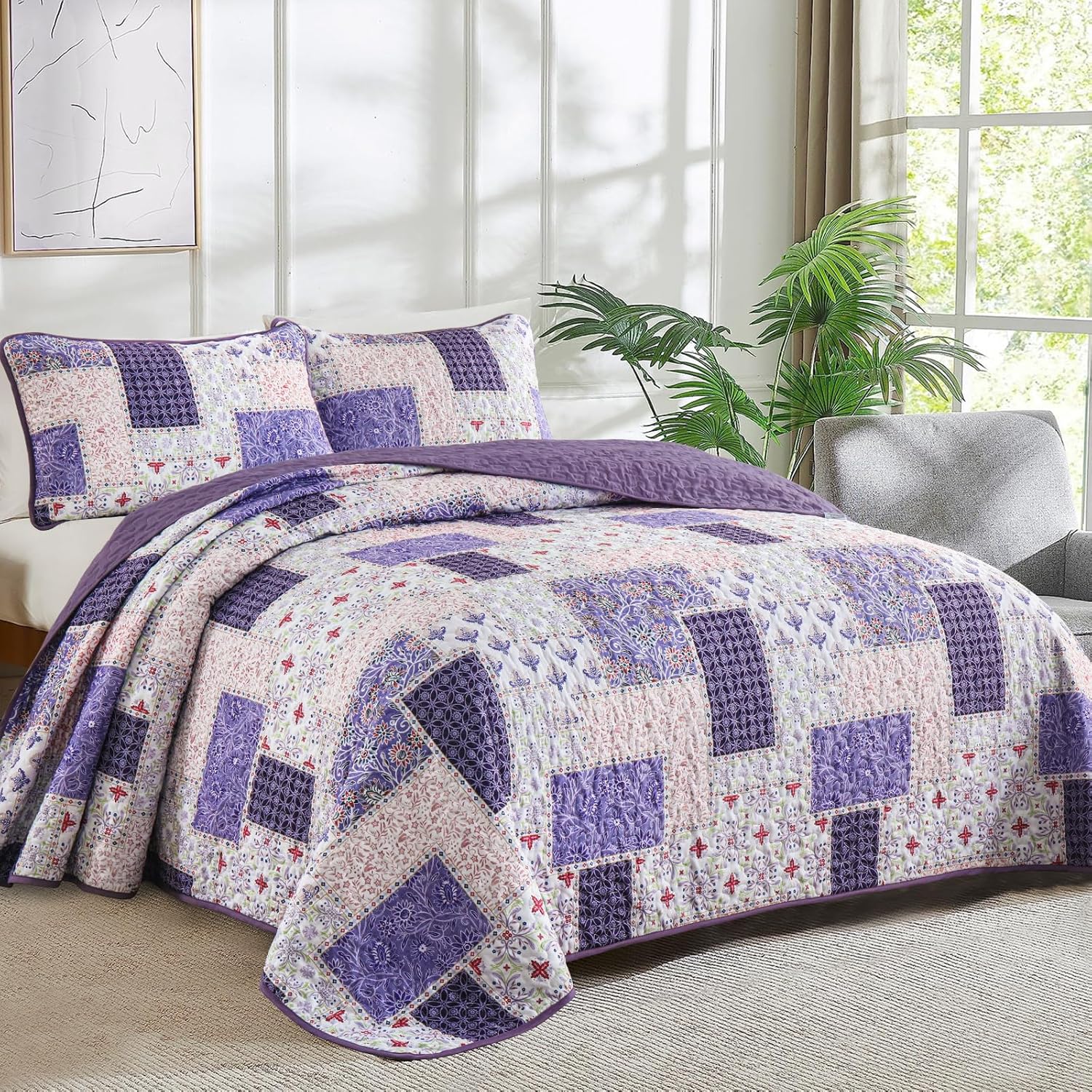 Xruibed Plaid Patchwork Quilt Set Queen Size 3 Pieces