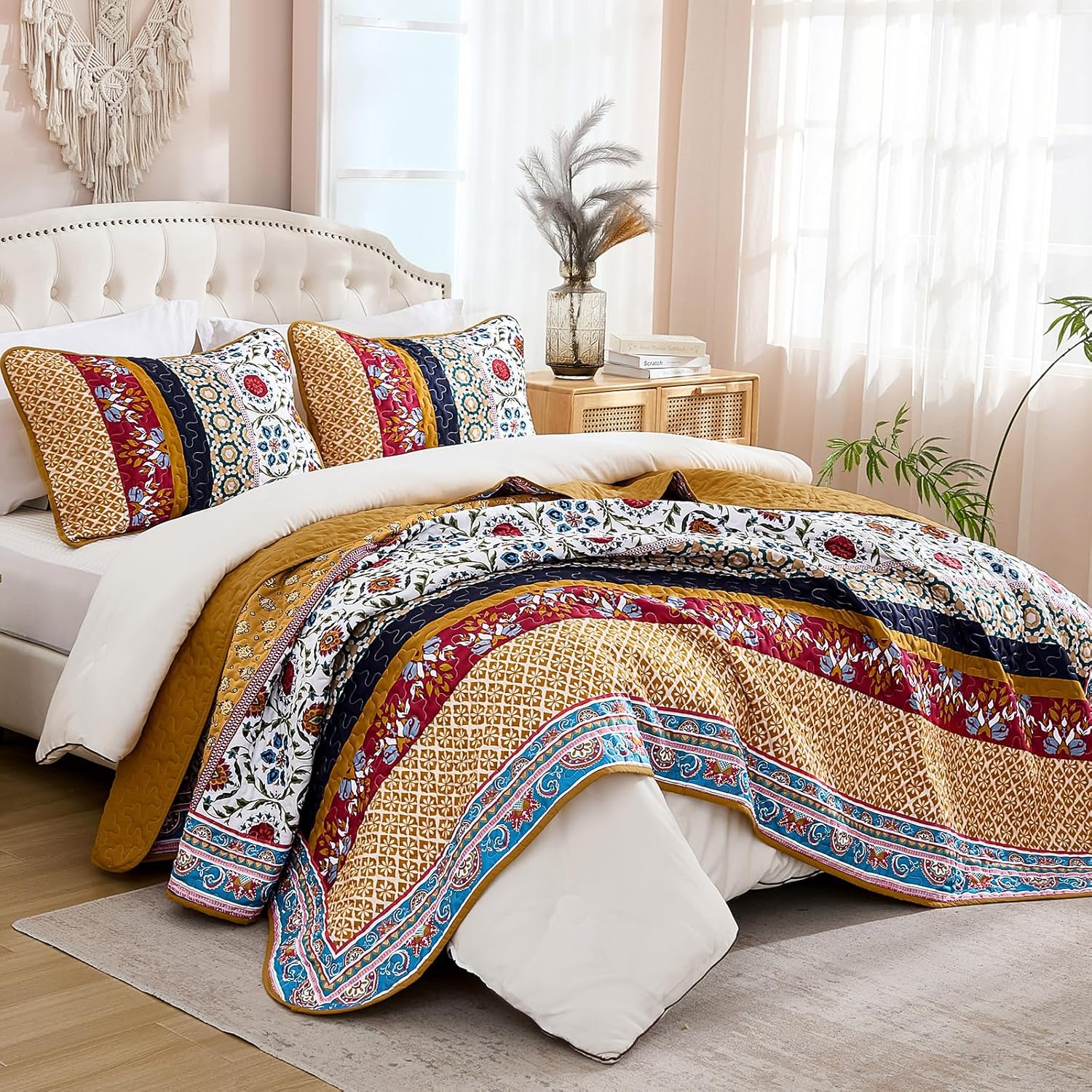 Yiran Boho Quilt Set King Size Tango Orange Patchwork Bedding