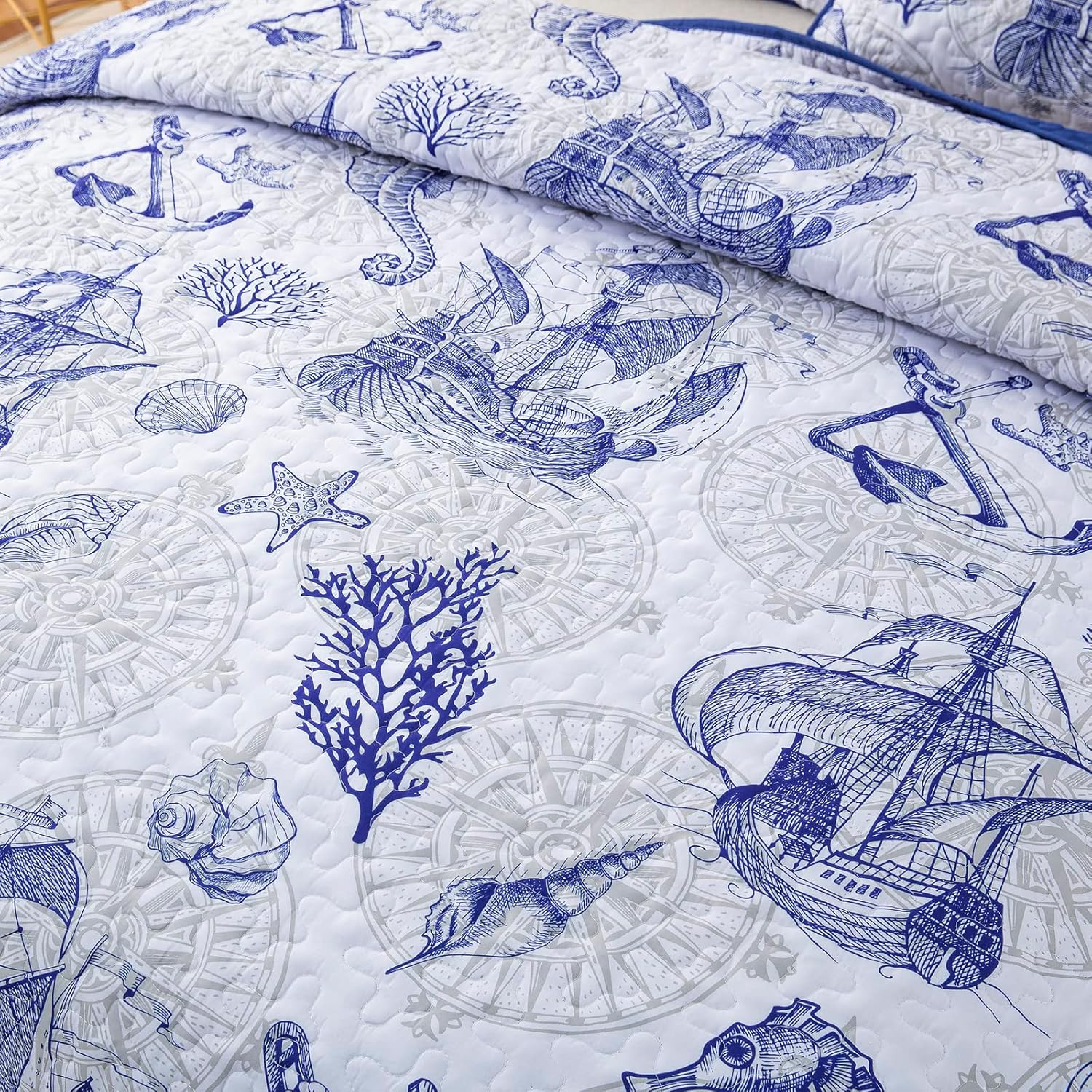 DJY Nautical Beach Quilt Set King 3 Piece