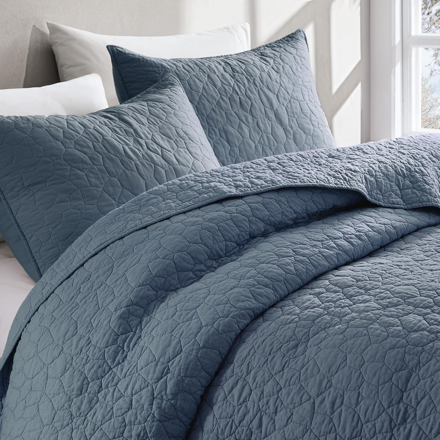 RSHARE 100 Cotton Cal King Quilt Set Blue Grey 1
