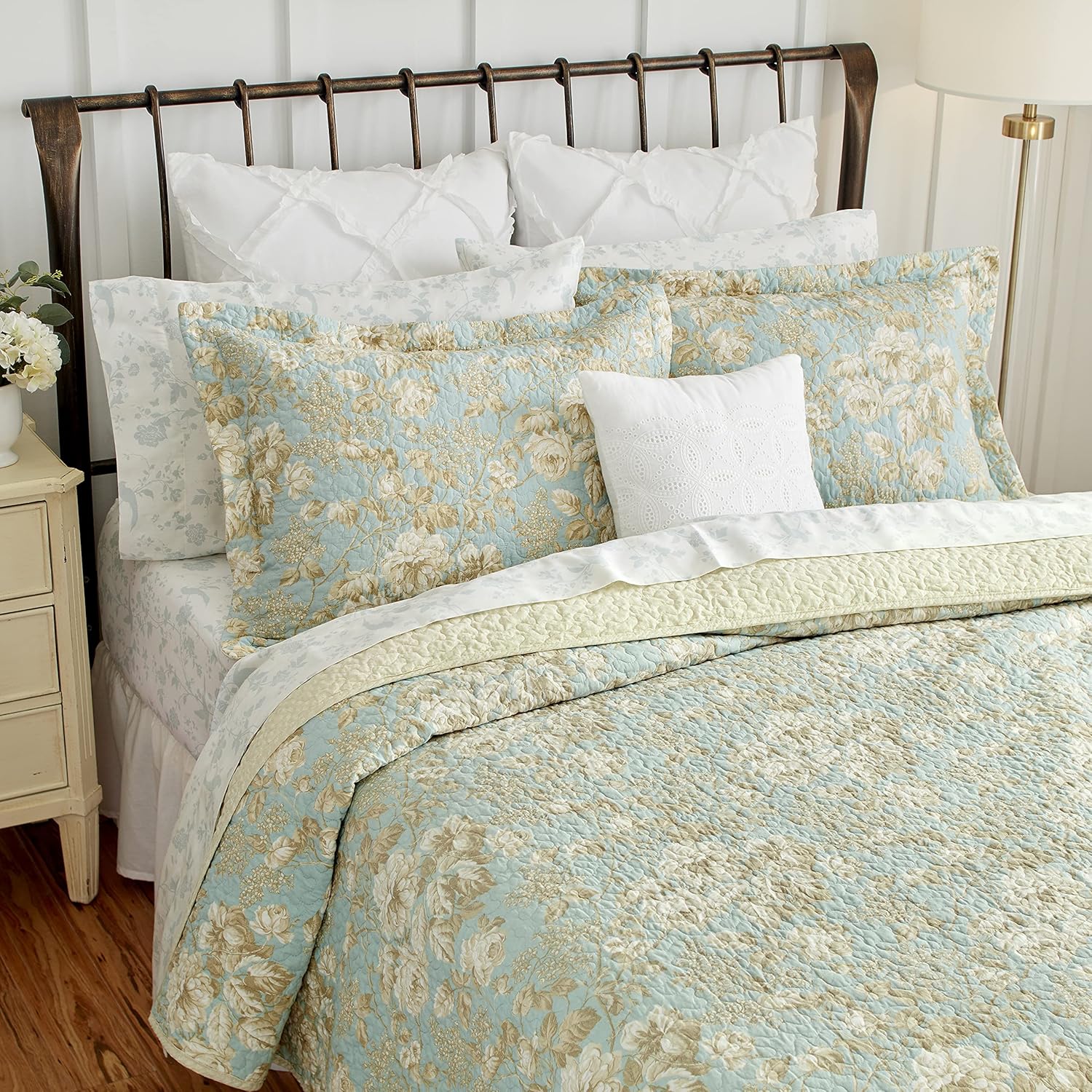 Laura Ashley King Quilt Set - Brompton Green 100 Cotton Reversible Bedding 1