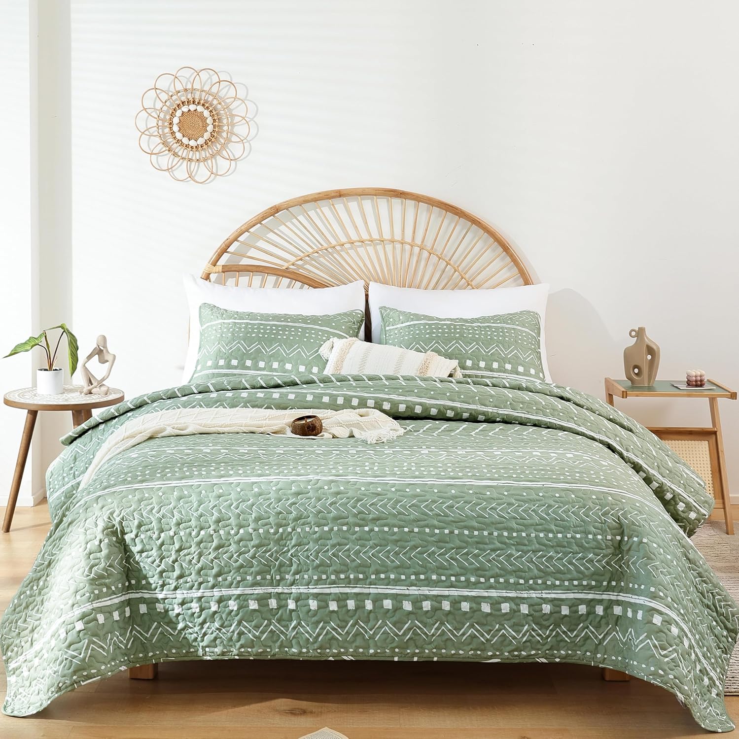 JANZAA Boho King Quilt Set 3PCS Sage Green