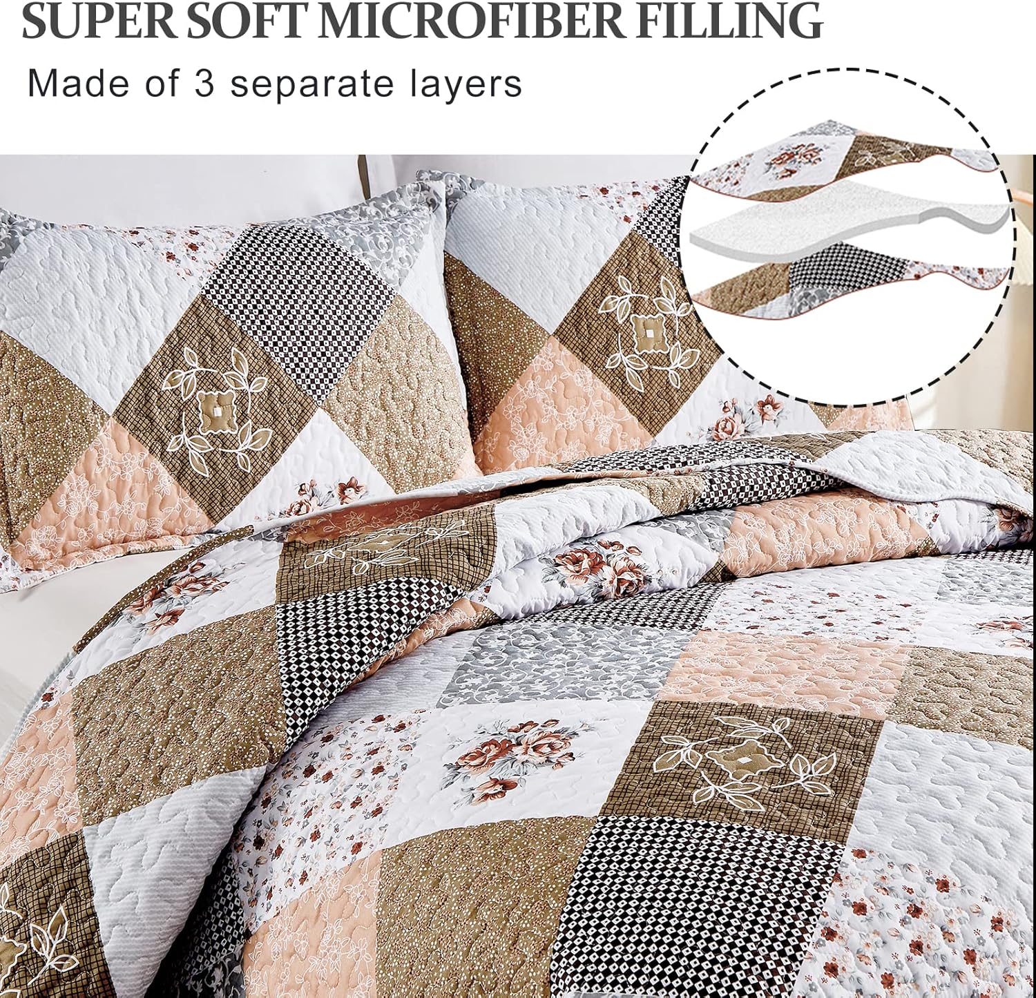 Dinjoy Floral Plaid Patchwork Quilt Set Twin Size