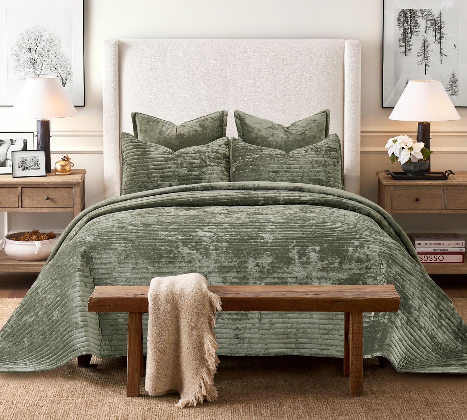 COCOPLOCEUS 3-Piece Velvet King Quilt Set Army Green