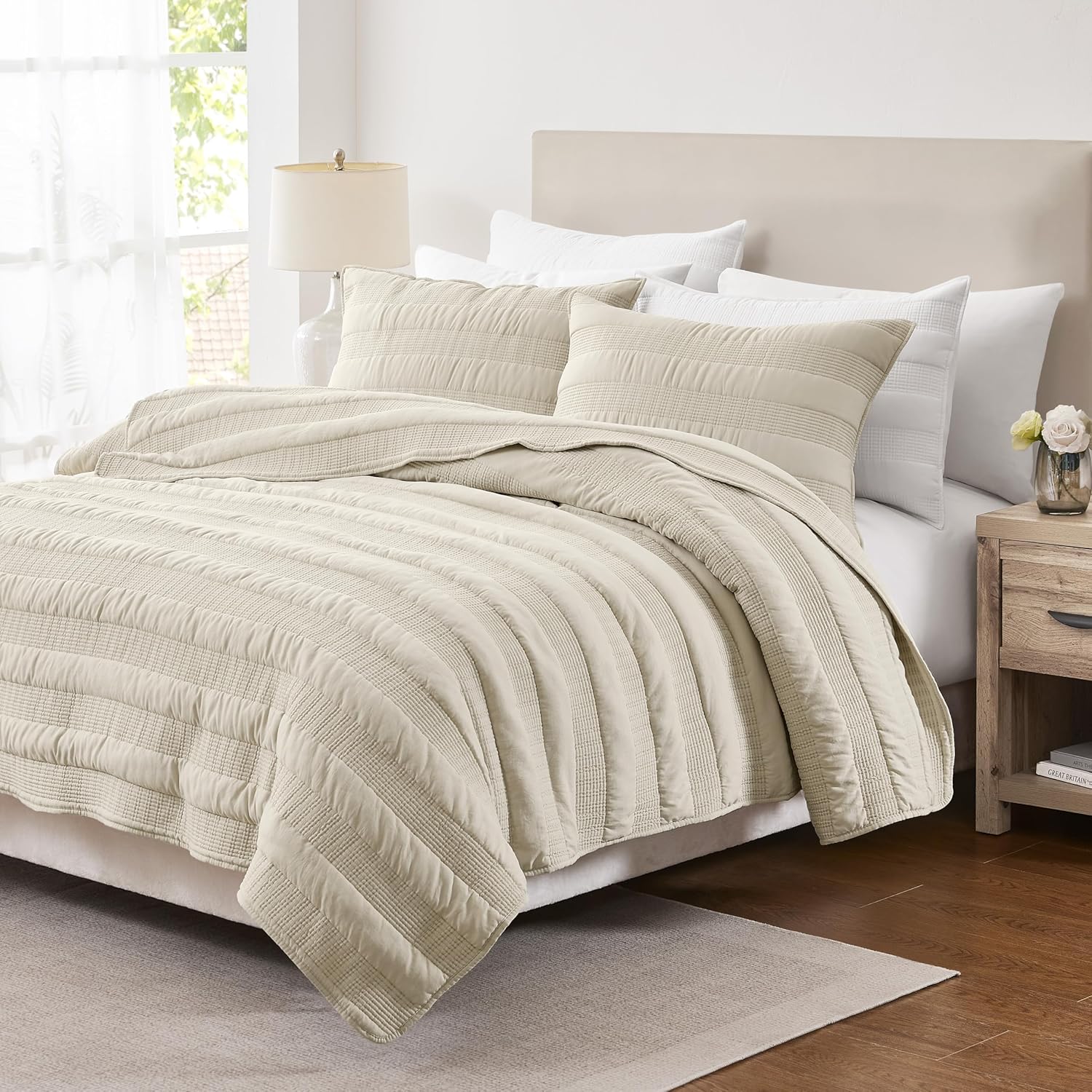 HomeSerene Beige Striped Cal King Quilt Set 1