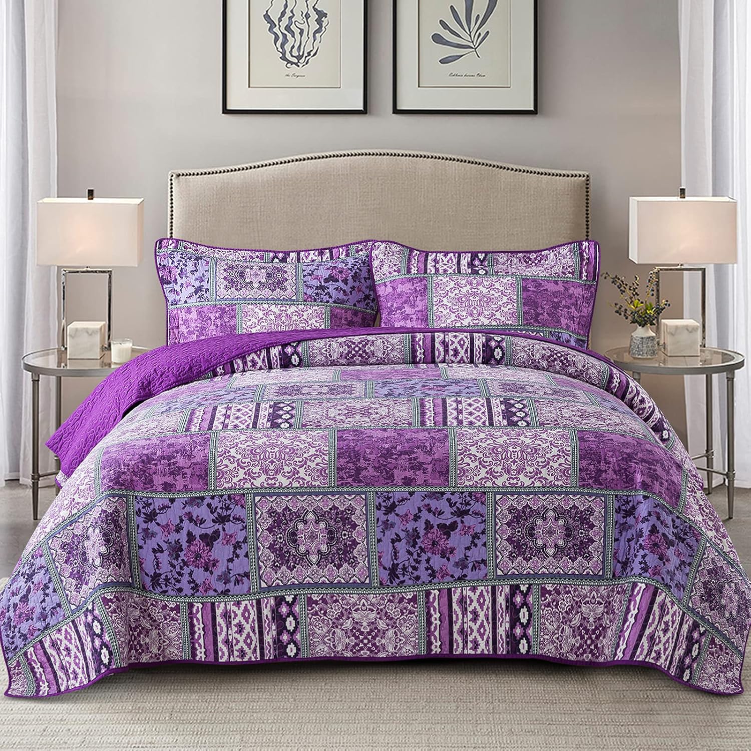 NEWLAKE Reversible Patchwork Quilt Set Purple Bohemian King Size