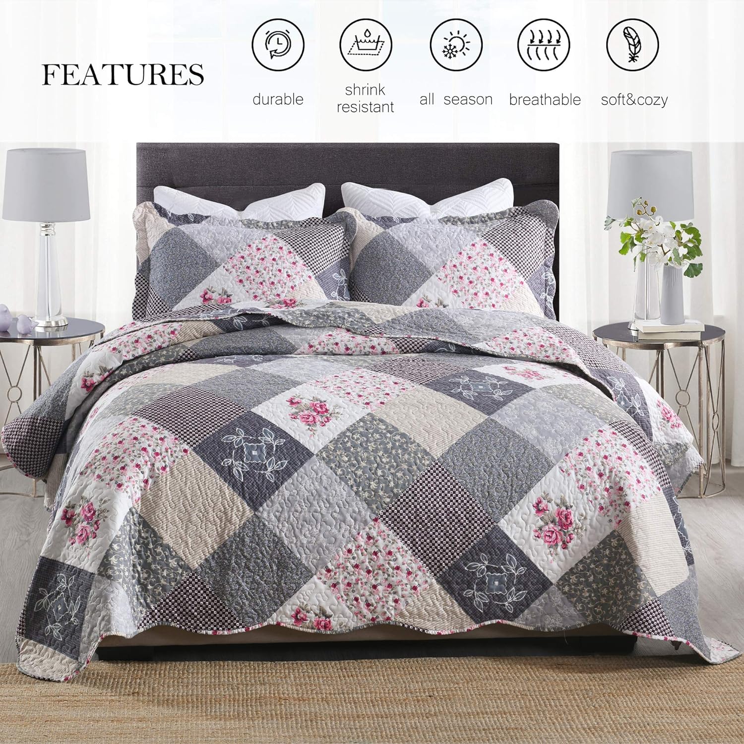 ENJOHOS Farmhouse Quilt Set King Size Grey