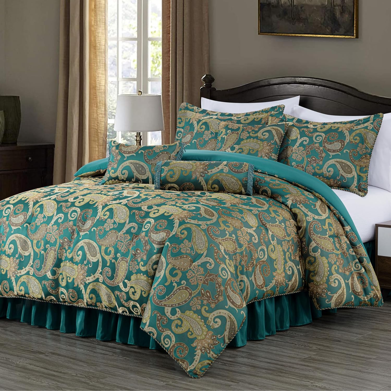 Chezmoi Adelle 7-Piece Paisley Comforter Set California King Teal 1