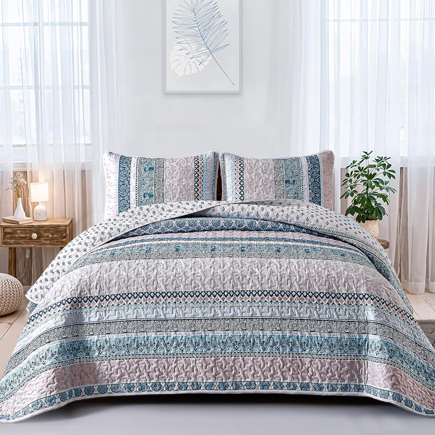 WONGS BEDDING Blue Boho Quilt Set California King