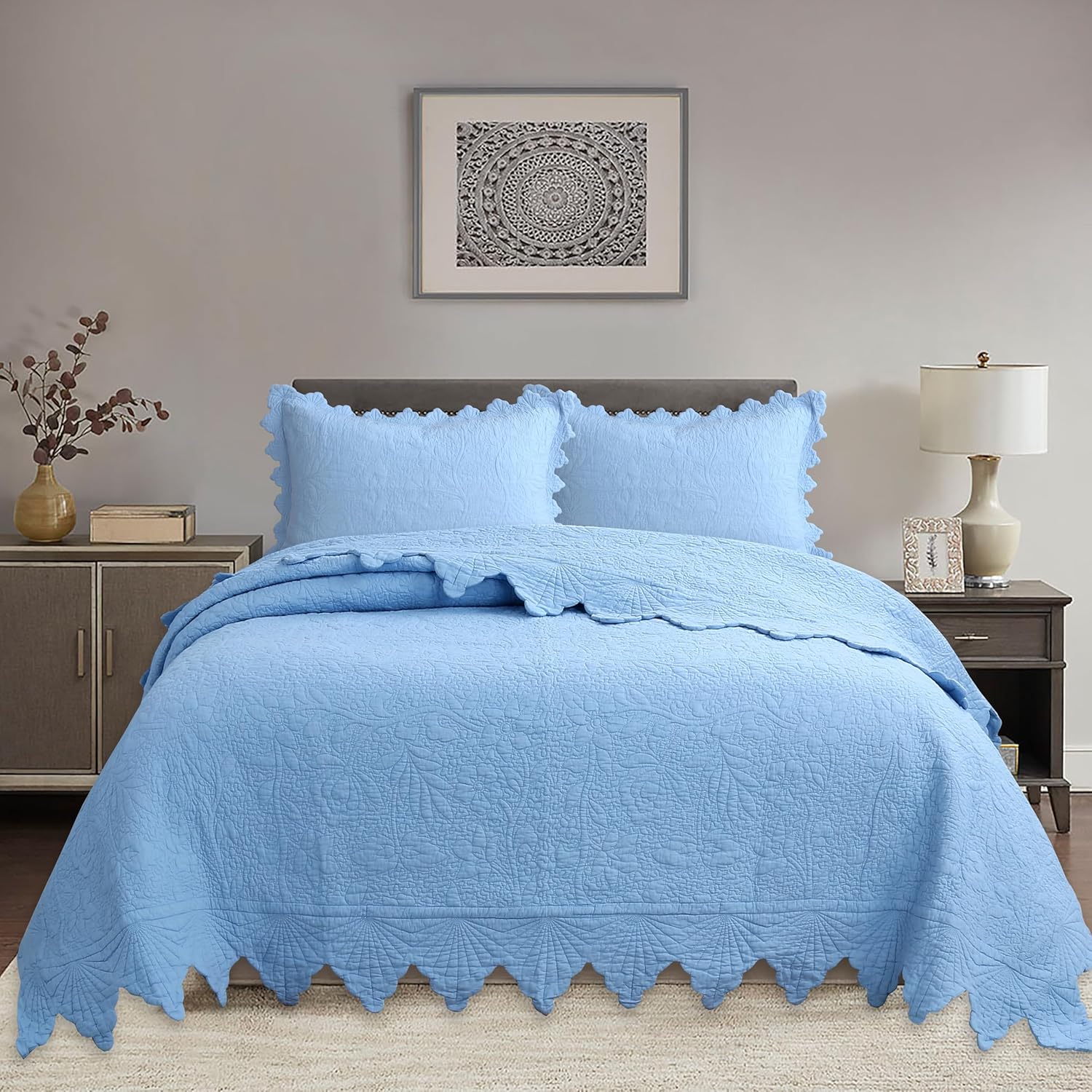 3-Pieces Embroidered Cotton Quilt Set with Decorative Border