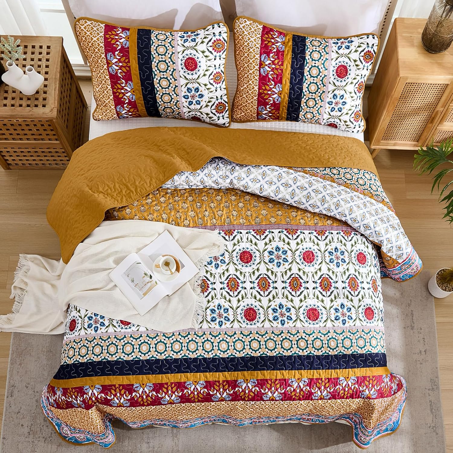 Yiran Boho Quilt Set King Size Tango Orange Patchwork Bedding