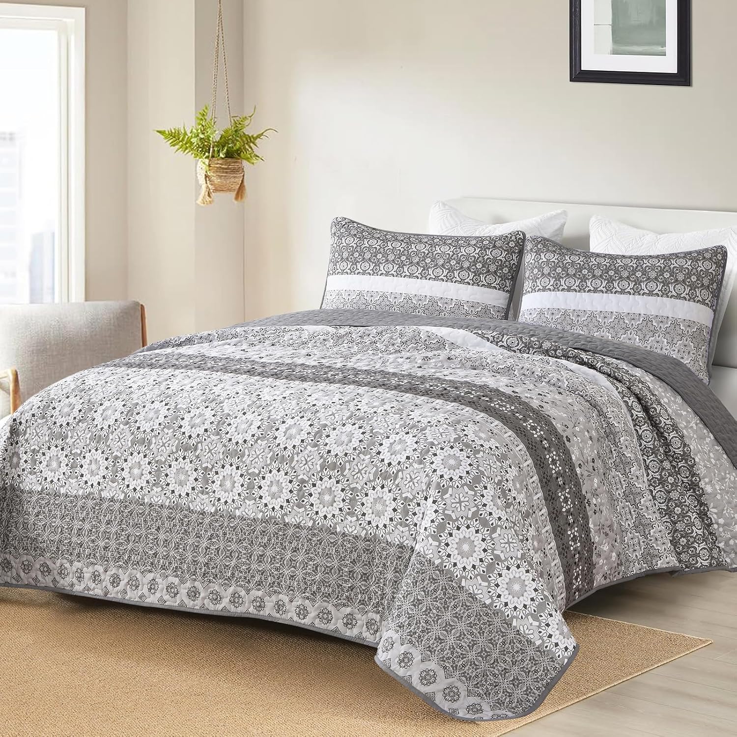 Grey Boho Quilt Set with 2 Pillowcases