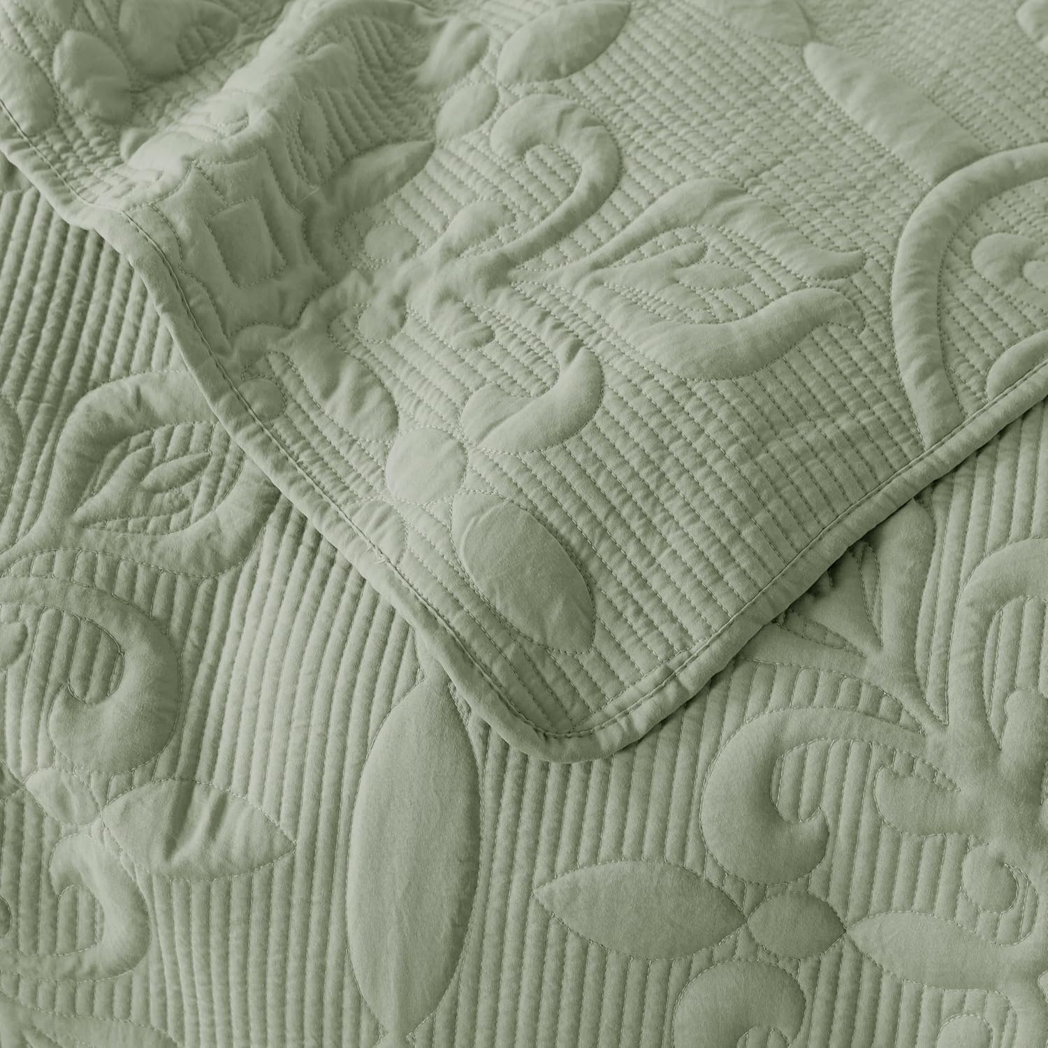 B2EVER Green Damask Queen Quilt Set with 2 Pillow Shams