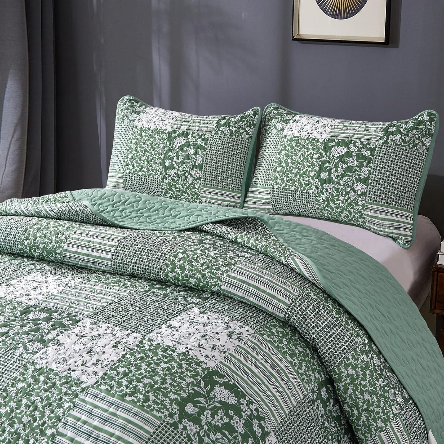 Mybedsoul Green Quilt Set Full Size 3 Pieces