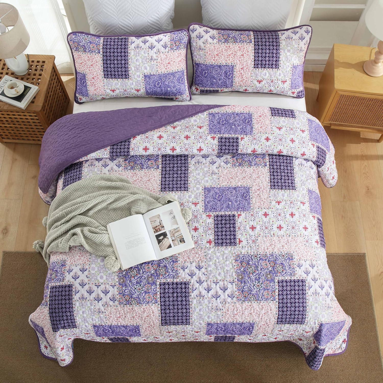 Xruibed Plaid Patchwork Quilt Set Queen Size 3 Pieces