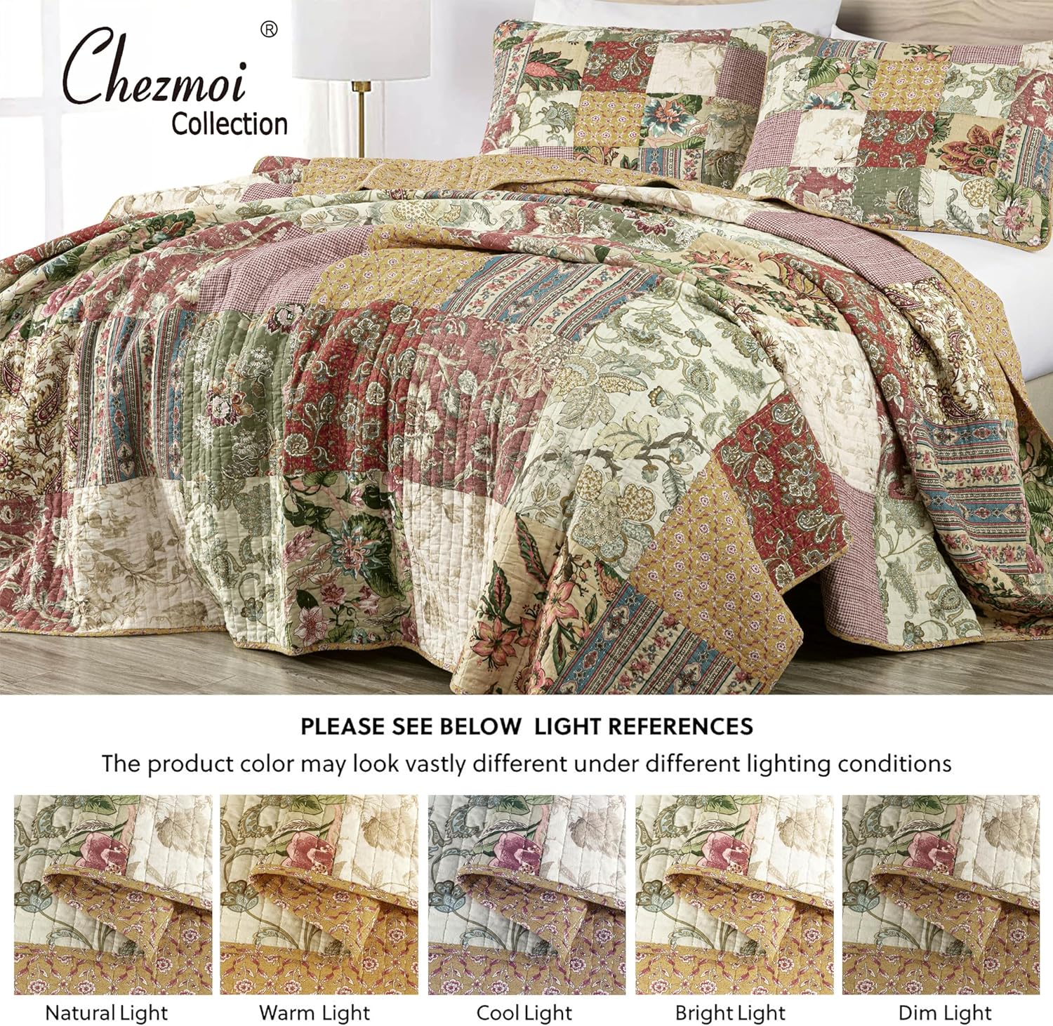 Chezmoi Delaney 3-Piece Floral Patchwork Quilt Set Queen