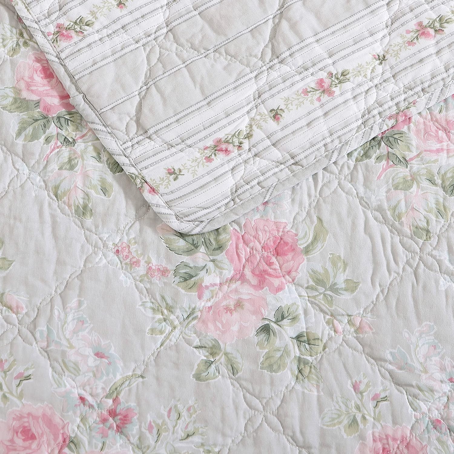 Laura Ashley Twin Quilt Set - Melany Pink Reversible Cotton Bedding