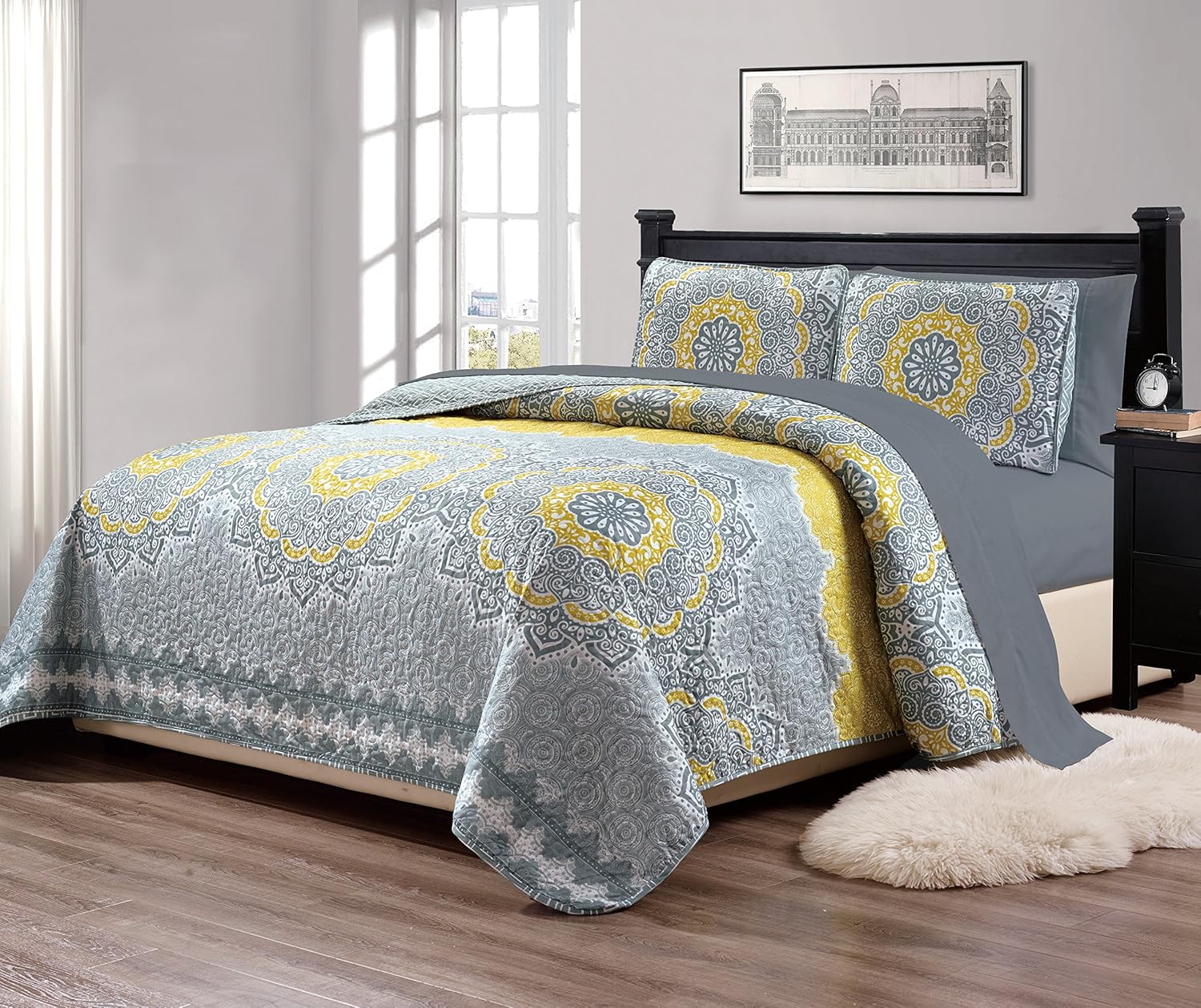 Linen Plus 7pc Queen Quilt Set Coastal Gray Floral Medallion