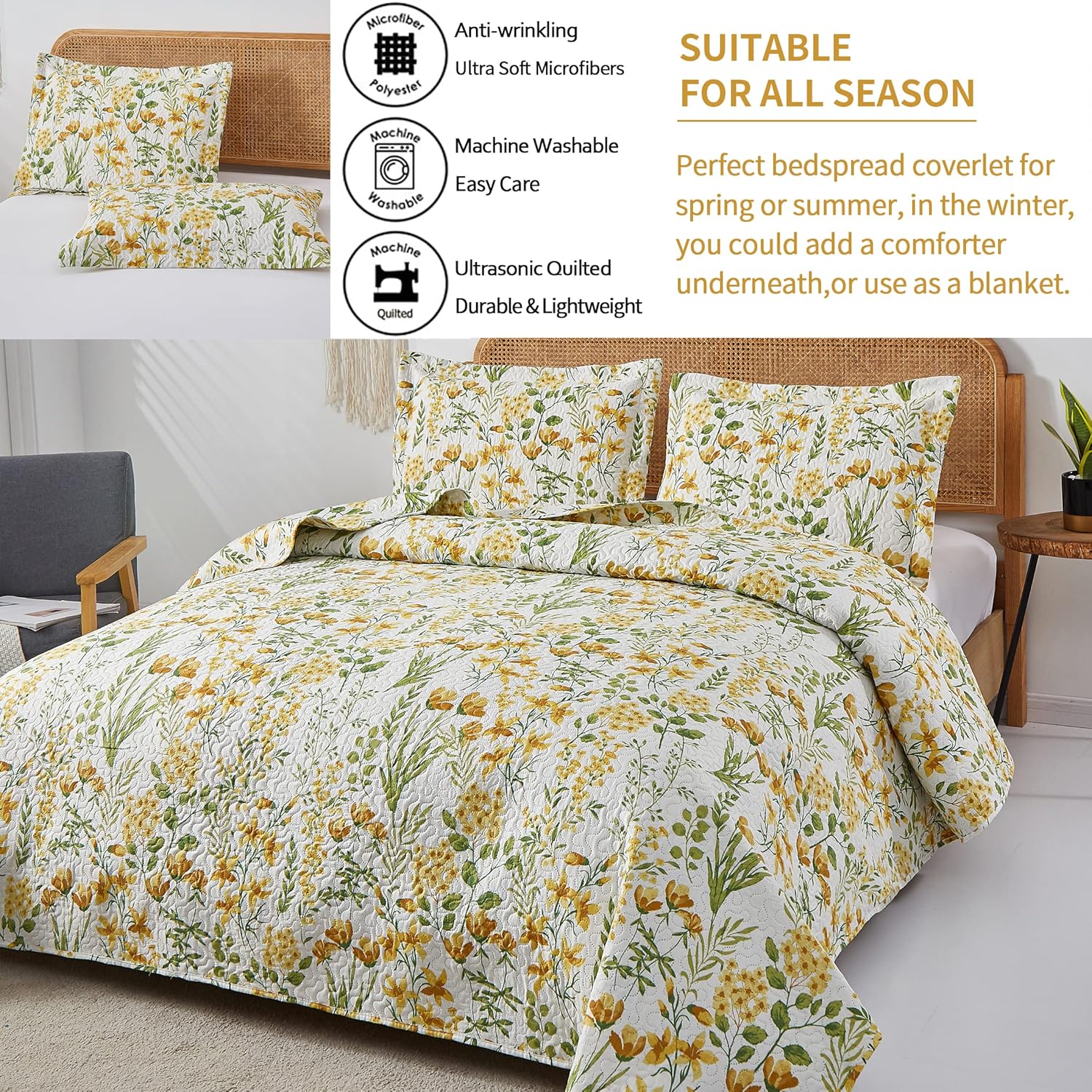 ARL HOME Floral King Quilt Set with Reversible Design
