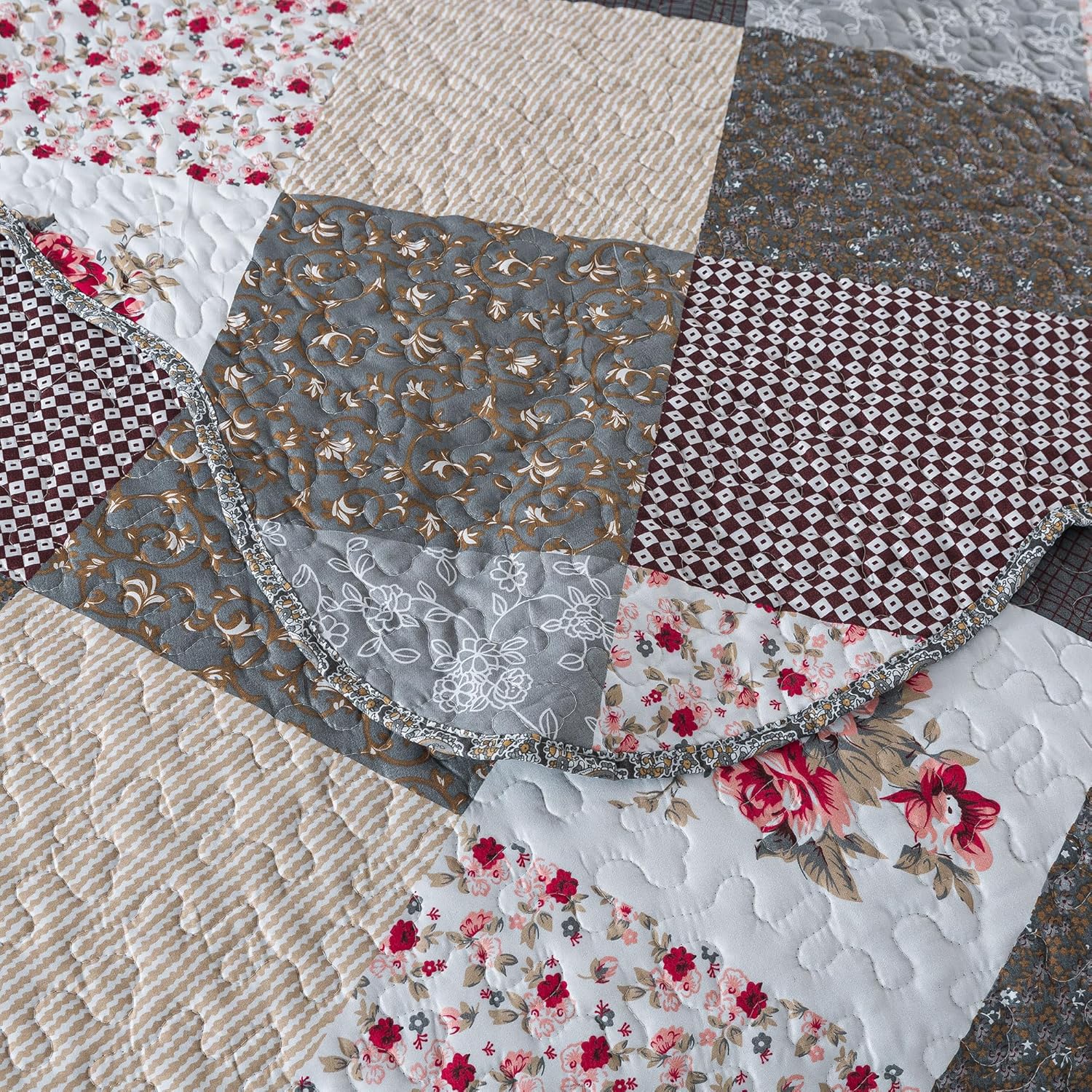 HoneiLife Queen Quilt Set 3 Pieces Grey Border
